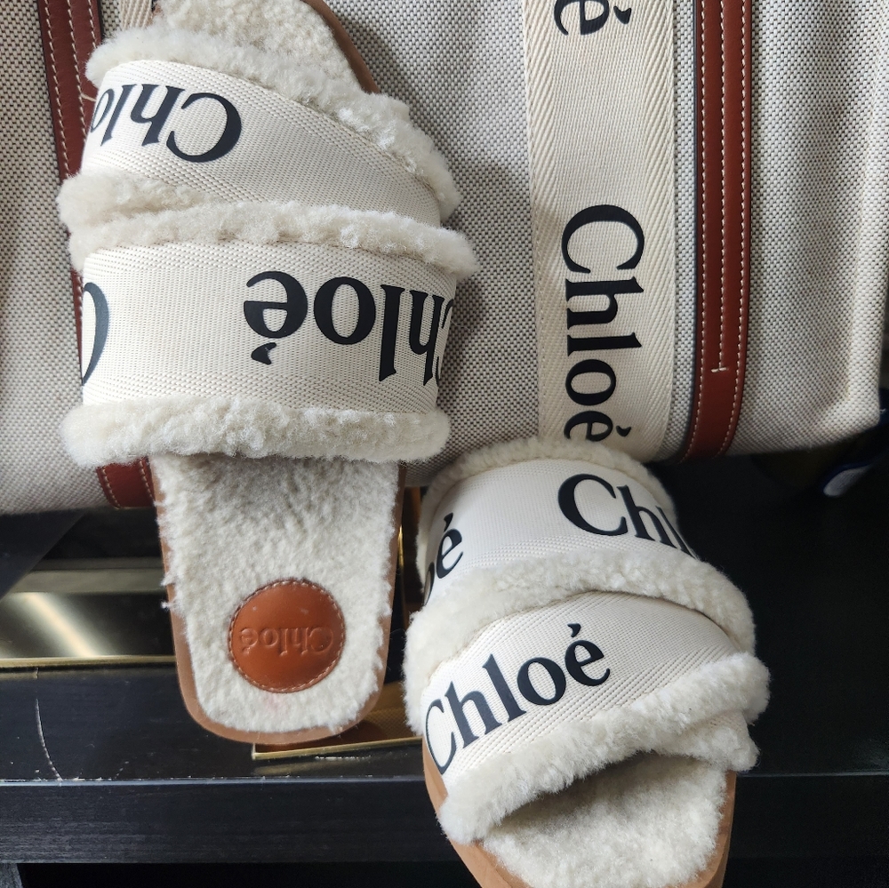 Chloe Woody Canvas Sherling Slide